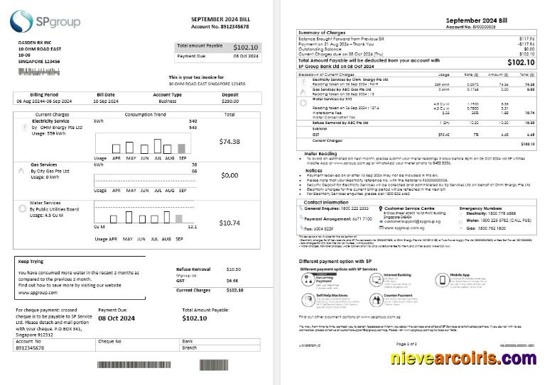 Singapore SP Group business utility bill (2 pages)
